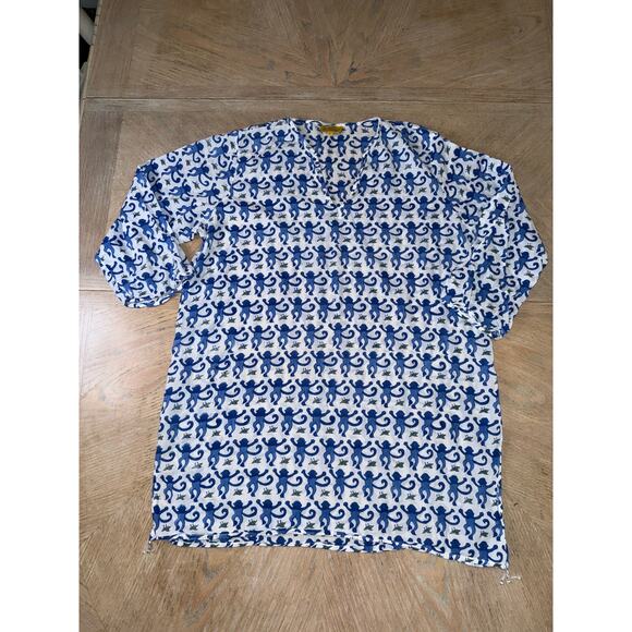 Roller Rabbit blue monkey print Kurta coverup tunic size large - Picture 1 of 7
